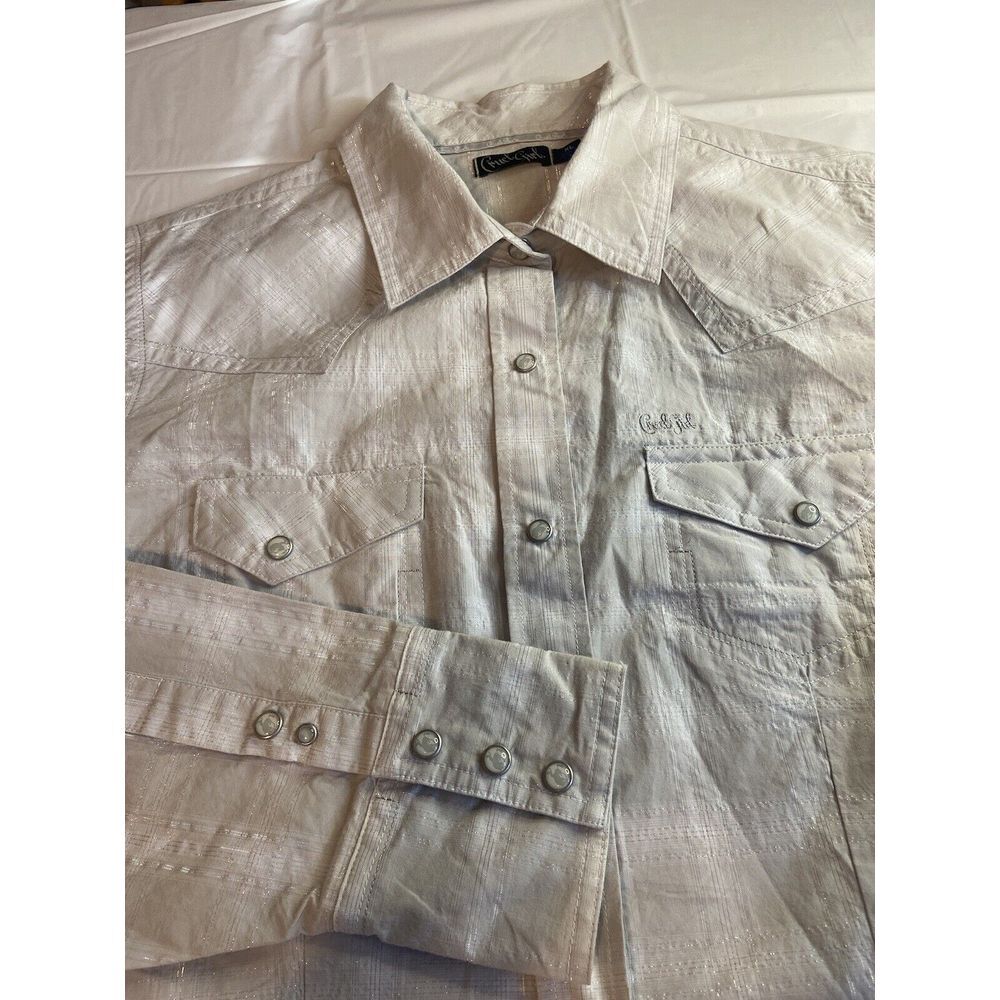 Women's Cruel Girl Ivory & Silver Plaid Bone Snap Long‎ Sleeve Shirt-Size XL